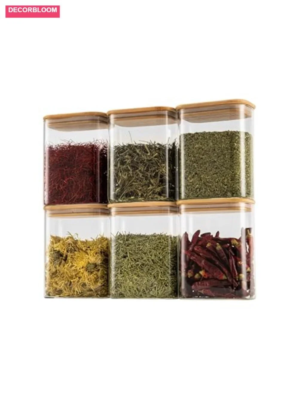 6-Pack Rectangle Glass Storage Jars with Bamboo Lids Airtight 37oz